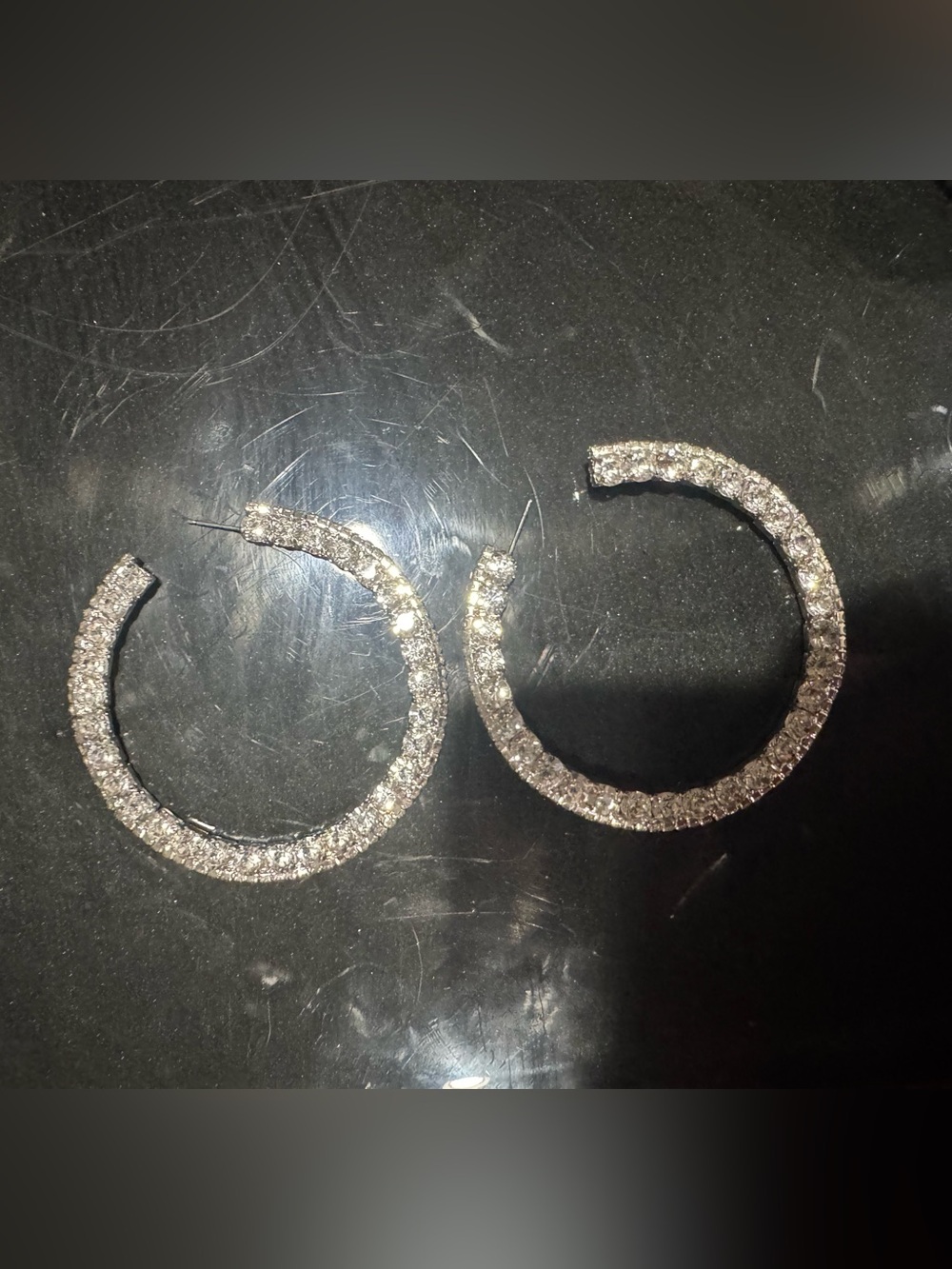 Sparkling Crystal Hoop Earrings big hoops rhinestone Silver pierced ear rings 3”